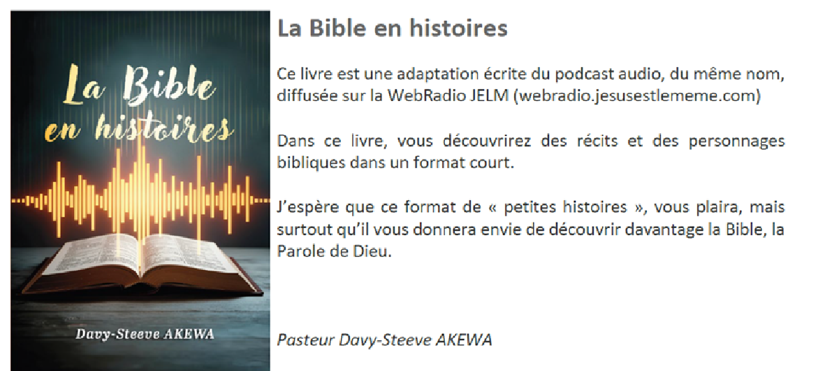 La Bible en histoires : Ce livre est une adaptation écrite du podcast audio, du même nom, diffusée sur la WebRadio JELM (webradio.jesusestlememe.com).